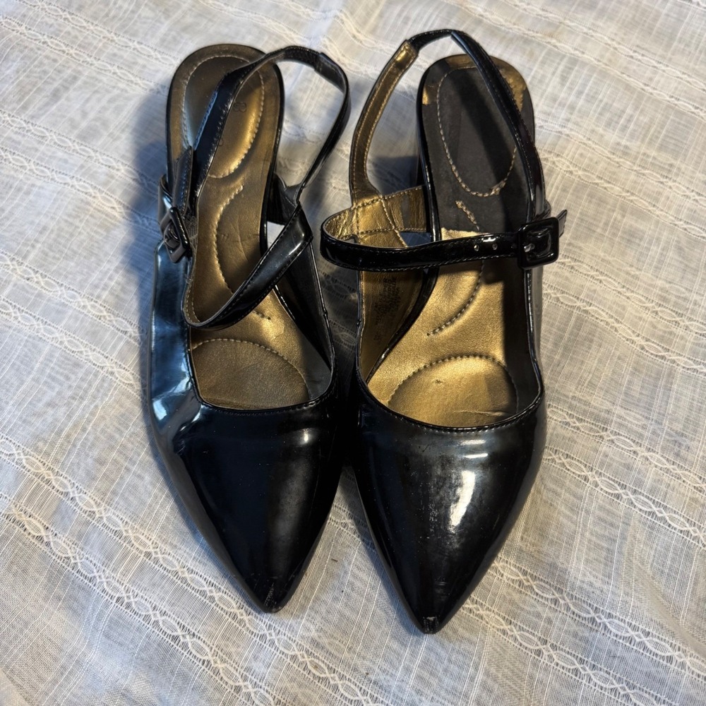 Bandolino Black Patent Leather Slingback Heels Tortoise Block‎ Heel